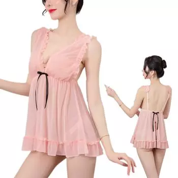 Сексуальное нижнее белье бэбидолл, майка с оборками и лентой [AQURAD], прозрачное (розовый)