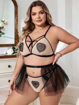 Сексуальное нижнее белье большого размера с нагрудным ремнем и короткой юбкой, трехточечный сексуальный прозрачный кружевной комплект 1XL