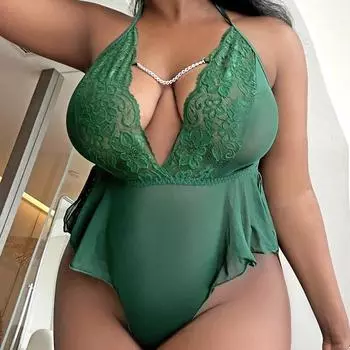 Сексуальное нижнее белье большого размера MM, цельный комплект из прозрачного кружева с открытой спиной 1XL