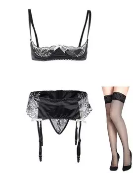 Сексуальное нижнее белье большого размера, открытый бюстгальтер, подвязка для чулок, шорты, комплект из 3 предметов нижнего белья [comeondear]