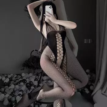 Сексуальное нижнее белье цельное сетчатое боди сетчатые чулки подвязки полый шаговый шов большой размер сексуальное декольте WY One Size