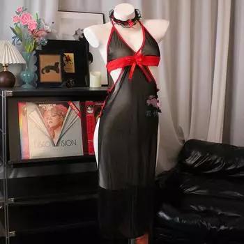 Сексуальное нижнее белье черная пряжа высокий разрез вилки длинная перспектива искушение пара секс ролевая игра наряд One size