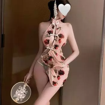 Сексуальное нижнее белье чистое желание пижама униформа одежда женская свободная открытая ластовица классический принт ципао One size