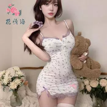 Сексуальное нижнее белье чистое желание ветер цветочный сарафан на подтяжках сексуальный облегающий с запахом на бедрах милый халат соблазн женщина One size
