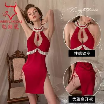 Сексуальное нижнее белье чистое желание ветер милая горничная униформа юбка флирт тонкая высокая разрезная вилка полая спинка ночная рубашка 2122 one size fits all