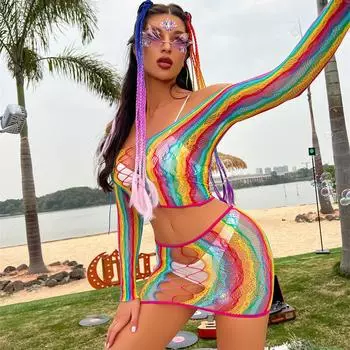 Сексуальное нижнее белье, цветное ажурное радужное платье, сетчатое боди, чулки, униформа, прозрачный боди, нижнее белье, ажурный костюм, комплект One Size