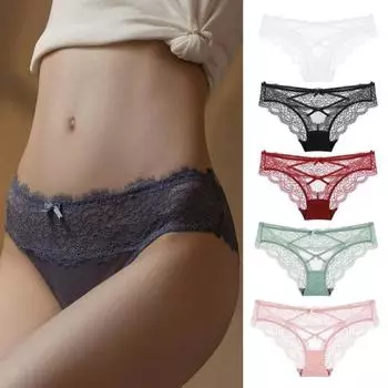 Сексуальное нижнее белье для женщин Бесшовные хипстеры Прозрачные сетчатые кружевные трусики Низкая посадка V-образная спинка На бретелях Крест-накрест Брифы L