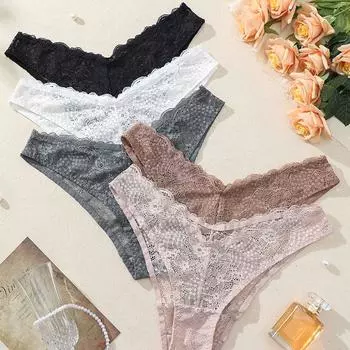 Сексуальное нижнее белье для женщин Кружевное нижнее белье V-образной формы Ультратонкие дышащие женские трусы С низкой талией Однотонное женское нижнее белье Женское нижнее белье больших размеров S чёрный
