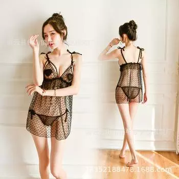 Сексуальное нижнее белье, домашняя одежда, перспектива соблазна ночная рубашка в горошек, сетчатая пряжа открытая c обнаженная спина глубокий V сексуальная пижама отправлено 1242 one size fits all