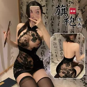 Сексуальное нижнее белье Domila, сексуальное кружевное вышитое перспективное платье с открытой спиной, бархатное, облегающее бедра, комплект униформы Cheongsam F568 average size [80-60kg]