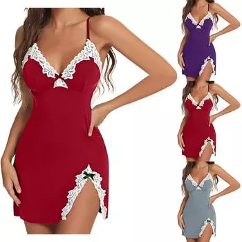 Сексуальное нижнее белье Gathers Sexy Deep V Bow Боковой разрез Slim Fiting Suspender Nightgown L