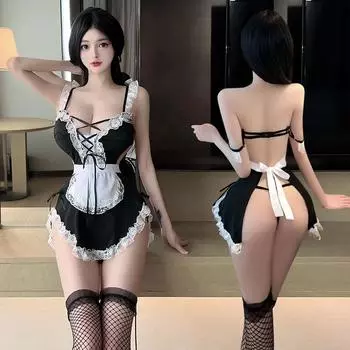 Сексуальное нижнее белье глубокий V кружевной горничной ремень халтер горничной косплей костюм average size