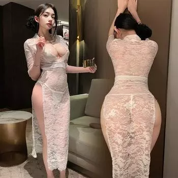 Сексуальное нижнее белье глубокий V открытая грудь высокий разрез голые бедра перспектива кружевное платье свободное one size fits all