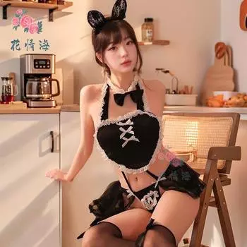 Сексуальное нижнее белье, игривый костюм горничной, сексуальный кармашек на животе, юбка с разрезом, одежда с прозрачными вставками One Size
