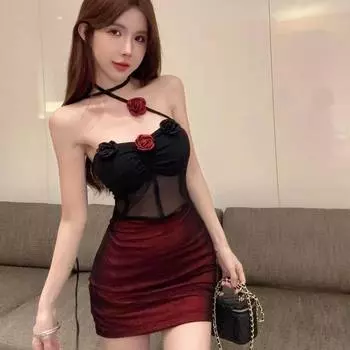 Сексуальное нижнее белье Интернет-знаменитость горячая девушка топ-труба юбка трехмерный цветок шея сетка перспектива тонкий ночной клуб сексуальный One size