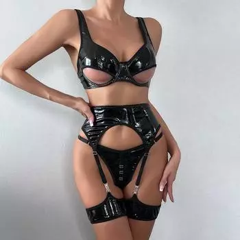 Сексуальное нижнее белье из латексной кожи, черное женское нижнее белье из искусственной кожи, сексуальное, ажурное, комплект из 3 предметов: бюстгальтер и трусики с подвязками M