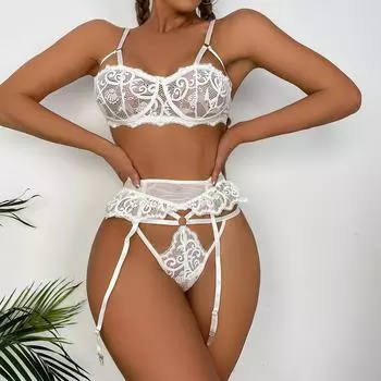 Сексуальное нижнее белье из трех частей Сексуальное нижнее белье из трех частей Подвязка для чулок Кружевной пижамный комплект S