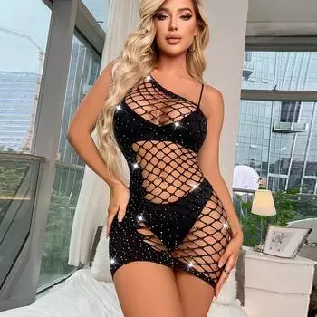 Сексуальное нижнее белье Юбка Экзотический стиль Комплект нижнего белья Сверкающий бриллиант Перспектива Рыболовная сеть Нижнее белье Обтягивающие чулки Пижама S