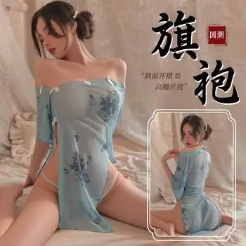 Сексуальное нижнее белье Классическое элегантное и чувственное облегающее платье-чеонгсам с цветочным узором и сеткой на спине Прозрачные платья Эротическое искушение One Size