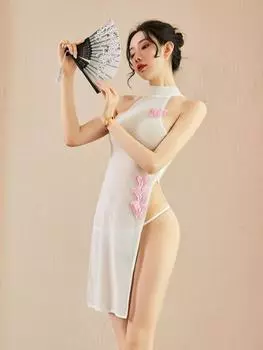 Сексуальное нижнее белье костюм ципао женский китайский традиционный костюм ночной клуб костюмы с высоким разрезом мини прозрачный XXS