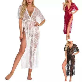 Сексуальное нижнее белье кружевное платье с глубоким V-образным вырезом для женщин с боковым вырезом кружевной халат L