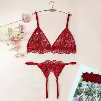Сексуальное нижнее белье кружевной комплект с тремя точками халтер Сексуальный прозрачный кружевной комплект S