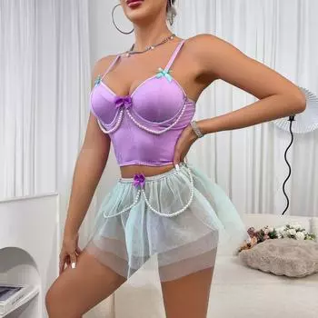 Сексуальное нижнее белье, кружевной жемчужный топ, короткая юбка, стринги, комплект из трех предметов S