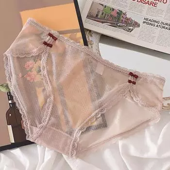 Сексуальное нижнее белье кружево плюс размер трусы для женщин трусики двухсторонний бант ледяной шелк сетчатые трусы средне-низкая талия нижнее белье для девочек XL белый