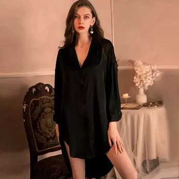 Сексуальное нижнее белье Молочная шелковистая рубашка в стиле бойфренда Сексуальная чистая пижама Женщины могут носить Утренние халаты Домашняя одежда One Size чёрный