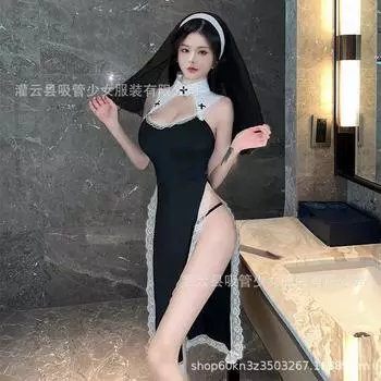Сексуальное нижнее белье наказание монахиня чистая похоть сексуальный косплей стройное платье ночной клуб высокий разрез горловина кружевное платье average size 80-62.5 kg