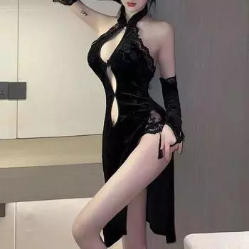 Сексуальное нижнее белье оптом классическое высокое разделение ципао искушение ретро глубокий V утечка молока Республика Китай костюм униформа 003 One size