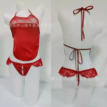 Сексуальное нижнее белье открытая промежность карман на животе страсть шнуровка большой размер женский трехточечный разрез фартук шорты пижама бесплатная доставка 1534 One size