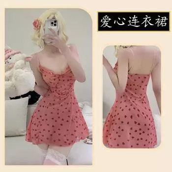 Сексуальное нижнее белье персиковый слегка пьяный любовь принт летний шелковистый Барби подтяжки ночная рубашка бант женщина average size