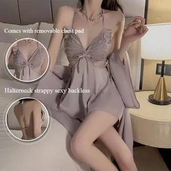 Сексуальное нижнее белье, пижама из ледяного шелка с нагрудниками, ночная рубашка с бантом пуш-ап, халат, комплект домашней одежды M