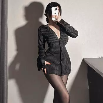 Сексуальное нижнее белье, профессиональная полосатая рубашка, генеральный секретарь женского воздержания, черное чистое желание OL, талия и женщины высокого класса One size