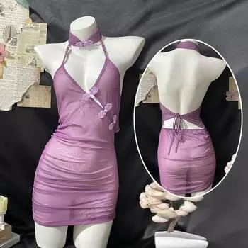 Сексуальное нижнее белье Pure Desire Фиолетовый Cheongsam Сексуальная пижама Женская антикварная бабочка Любовь Цветок Перспектива ремень Униформа Бесплатно One size
