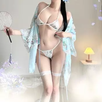 Сексуальное нижнее белье японский сексуальный кардиган трехточечный шифон вышитое кимоно горячая униформа женский костюм чистое желание чонсам One size