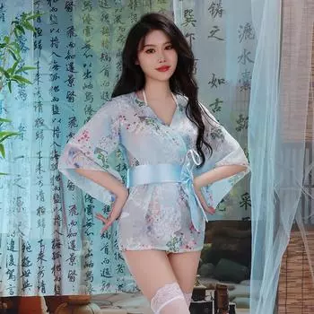 Сексуальное нижнее белье японский сексуальный кардиган с тремя точками пижамы большой размер кимоно комплект сладкий бант перспектива One Size синий