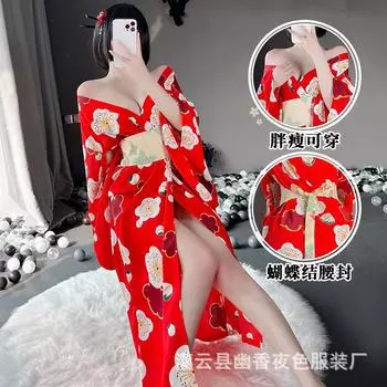 Сексуальное нижнее белье ретро принт кимоно полые рукава сексуальный пояс страсть униформа соблазн one size fits all красный