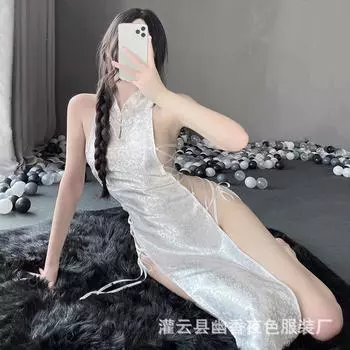 Сексуальное нижнее белье ретро пряжка сексуальные соблазнительные бретели высокий разрез жаккардовый атласный ципао ночная рубашка one size fits all