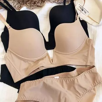 Сексуальное нижнее белье с глубоким вырезом для женщин, бесшовный комплект с бюстгальтером пуш-ап, 3 цвета, бюстгальтер с регулируемым ремешком, глубокий V-образный вырез, удобное женское нижнее белье 70A чёрный