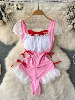 Сексуальное нижнее белье с открытой промежностью, женские комбинезоны с квадратным вырезом и рюшами, эротические кружевные комбинезоны, женское нижнее белье, корректирующее белье, чувственные боди 2024 One Size