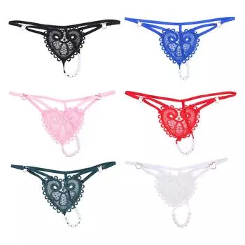 Сексуальное нижнее белье с открытой промежностью, вышитое цветами и сердечками, жемчужные массажные трусики-стринги