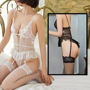 Сексуальное нижнее белье с открытой промежностью, кружевное, водорастворимое, с подвязками, женский прозрачный комплект униформы для соблазнения One Size