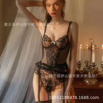 Сексуальное нижнее белье с подтяжками, кружевом, перспективой, стальным подносом, сборки, скрытые пряжки, открытая промежность, страсть, свободный комбинезон, униформа для женщин 1746 .