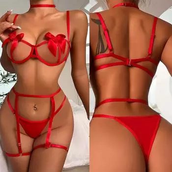 Сексуальное нижнее белье с полыми стальными кольцами, собранными на бабочку, бюстгальтер, прозрачные стринги, подвязка для чулок, 3 предмета, летнее бикини, удобное нижнее белье S