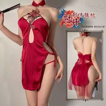 Сексуальное нижнее белье с сексуальным вырезом и каплей воды, с высокой талией, разрезом и вышивкой, комплект униформы ципао average size [can wear 80-60 kg]