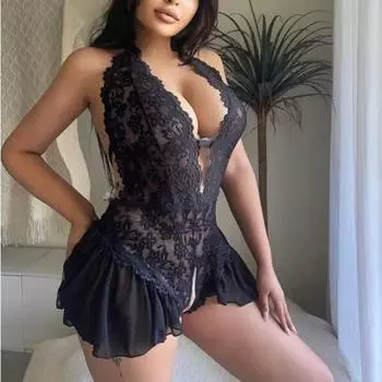 Сексуальное нижнее белье с вырезами Женское кружевное полое боди Эротическая пижама Тедди Боди Babydoll Платье Открытый бюстгальтер Порно Комплект нижнего белья S