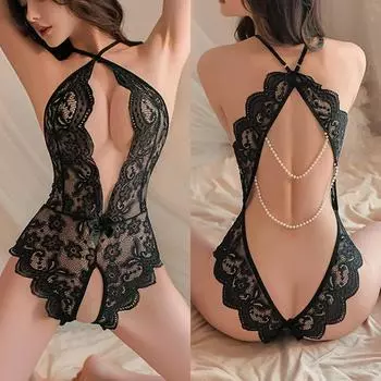Сексуальное нижнее белье с вырезами Женское полое сексуальное боди Кружевное платье Babydoll Нижнее белье с глубоким V-образным вырезом Пижамы с открытым промежностью Эротические костюмы M