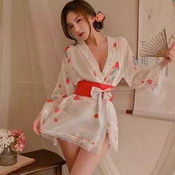Сексуальное нижнее белье, сексуальная клубничная принт перспектива V-образный вырез ретро ночная рубашка, японское кимоно принт пижама, дом One size